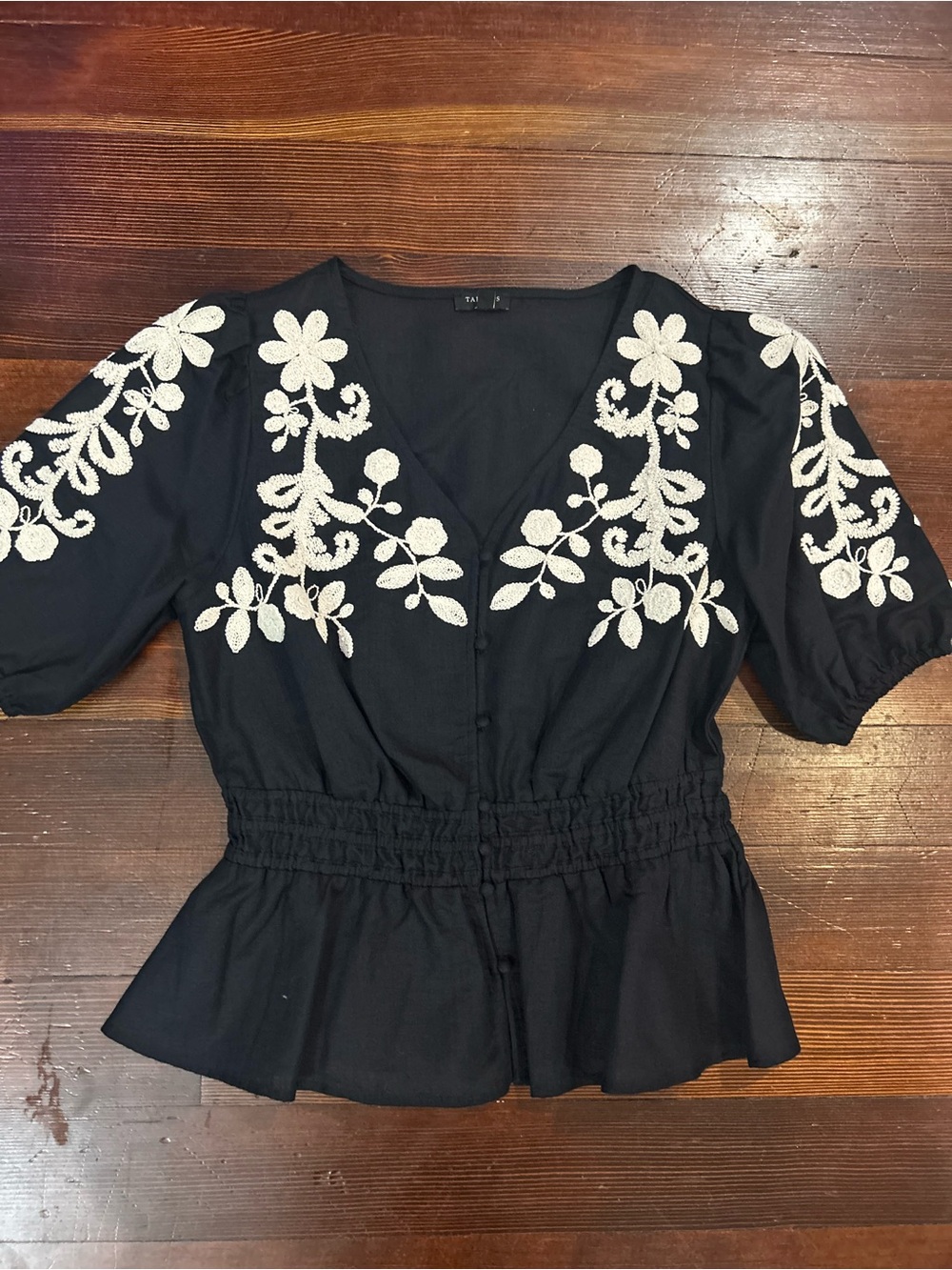 Talbots Black V-Neck Peplum Top with White Floral Embroidery